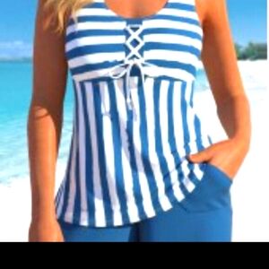 NWOT ROTITA LACE UP BLUE STRIPED TANKINI SET